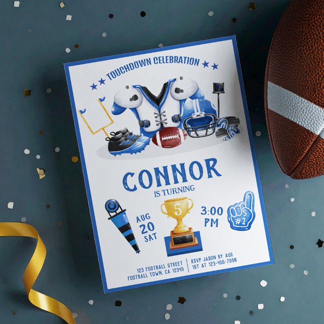 Cute Watercolor Football All Star Blue Birthday Invitation (Creator Uploaded)