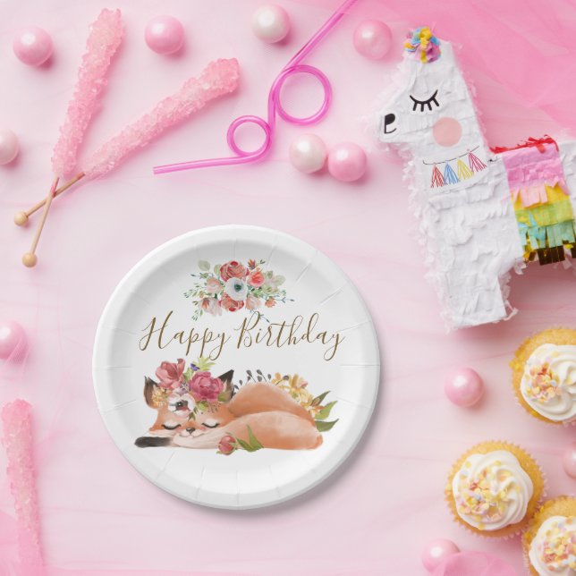 Cute watercolor fox baby birthday party paper plate (Party)