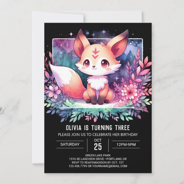Cute Watercolor Fox Birthday digital Invitation (Front)