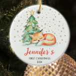 Cute Watercolor Fox Custom Baby First Christmas  Ceramic Ornament<br><div class="desc">This "Baby First Christmas " ornament features a cute watercolor fox with custom name and year.</div>