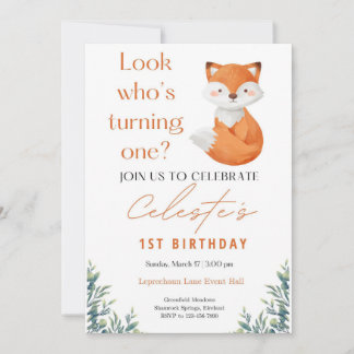 Cute Watercolor Fox First Birthday Invitation