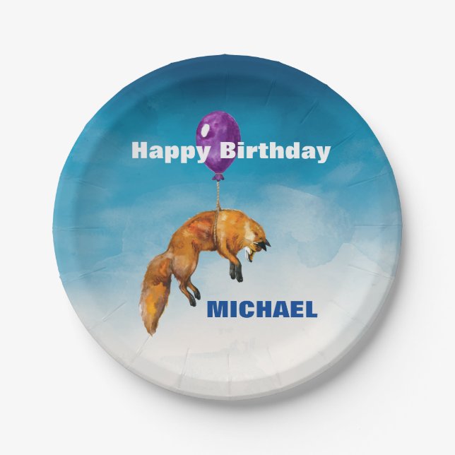 Cute Watercolor Fox happy Birthday Personalised  Paper Plate (Front)