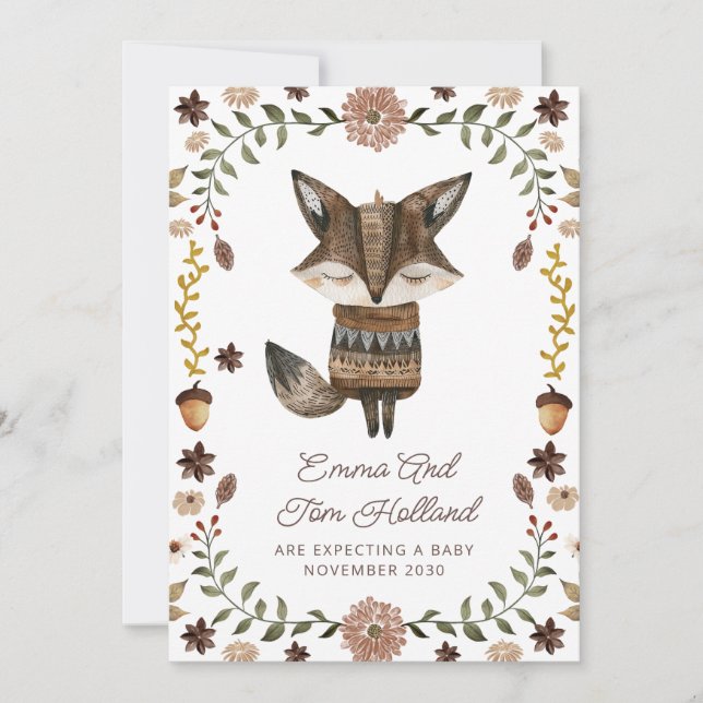 Cute Watercolor Fox Pregnancy Announcement (Front)