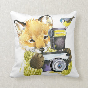 Cute Watercolor Fox Taking Pictures Cushion