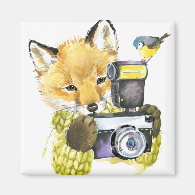 Cute Watercolor Fox Taking Pictures Magnet (Front)
