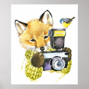 Cute Watercolor Fox Taking Pictures Poster