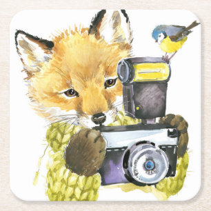 Cute Watercolor Fox Taking Pictures Square Paper Coaster