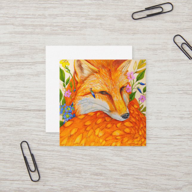 Cute Watercolor Fox With Flowers Square Business Card (Front/Back In Situ)