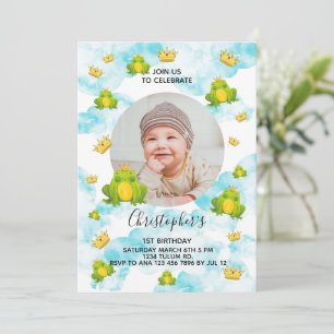 Cute Watercolor Frog 1st Birthday Invitation