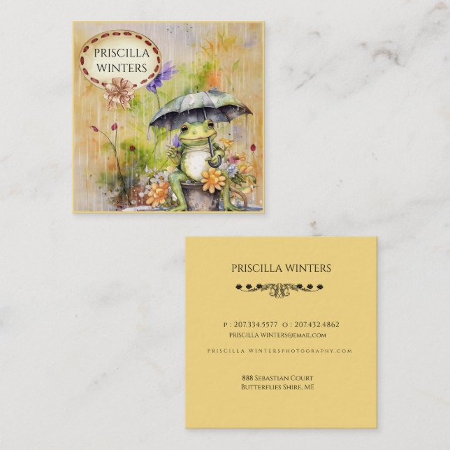  Cute Watercolor Frog Umbrella Square Business Card (Front/Back)