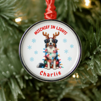 Cute Watercolor Fun Border Collie Snowflakes Dog Metal Ornament