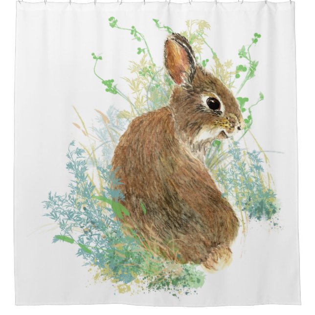 Cute Watercolor Garden Bunny Rabbit Blue, Green Shower Curtain (Front)