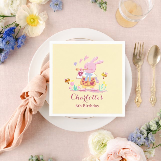 Cute Watercolor Garden Bunny Yellow Kids Birthday Napkin (Creator Uploaded)
