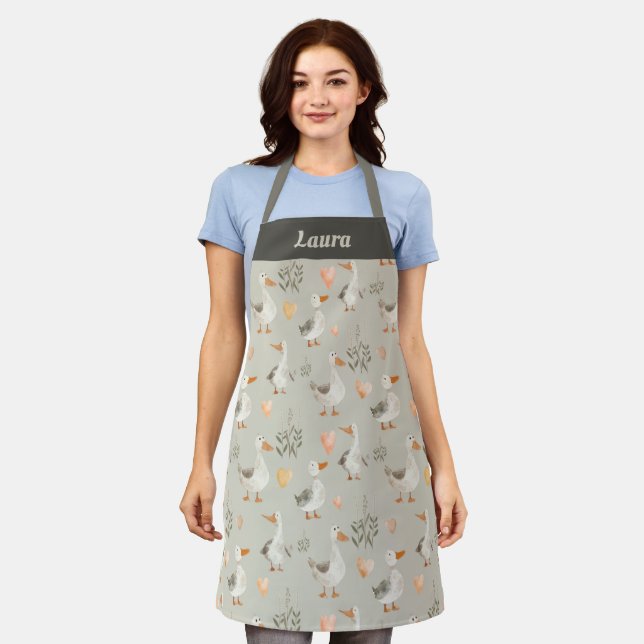 Cute Watercolor Geese - Customisable Apron (Worn)
