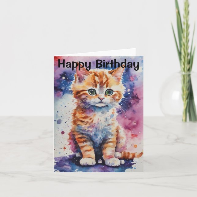 Cute Watercolor Ginger Kitten Birthday Card (Front)