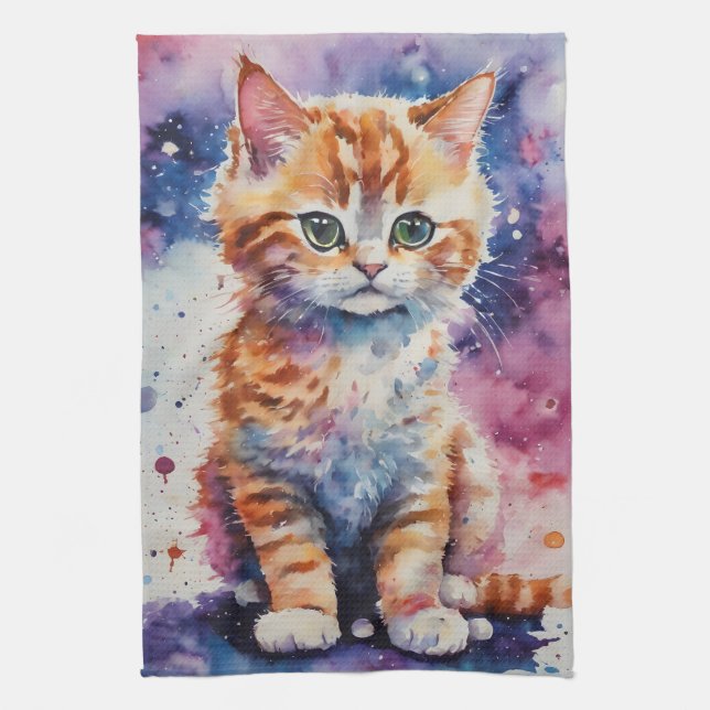 Cute Watercolor Ginger Kitten  Tea Towel (Vertical)