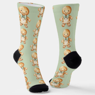 Cute Watercolor Gingerbread Girl Pattern Green Socks