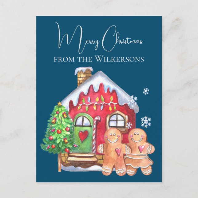 Cute Watercolor Gingerbread People on Blue Holiday Postcard (Front)