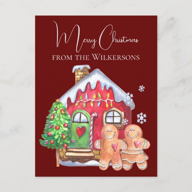 Cute Watercolor Gingerbread People on Burgundy Holiday Postcard (Front)