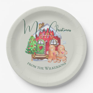 Cute Watercolor Gingerbread People on Sage Paper Plate