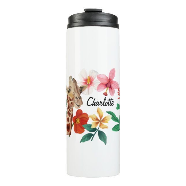 Cute Watercolor Giraffe Floral Name Thermal Tumbler (Front)