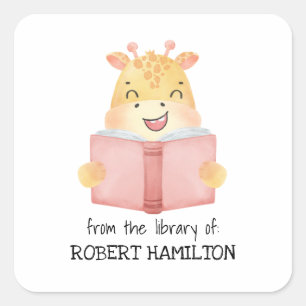 CUTE WATERCOLOR GIRAFFE READING BOOK BOOKPLATE SQUARE STICKER
