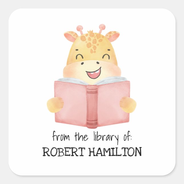 CUTE WATERCOLOR GIRAFFE READING BOOK BOOKPLATE SQUARE STICKER (Front)