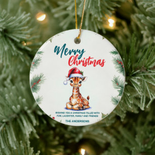 Cute watercolor giraffe Santa Merry Christmas Ceramic Ornament