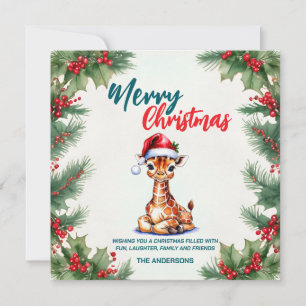 Cute watercolor giraffe Santa  Merry Christmas  Holiday Card