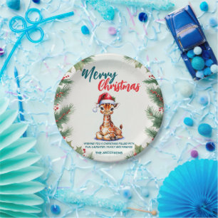 Cute watercolor giraffe Santa Merry Christmas Paper Plate
