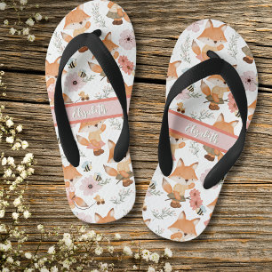 Cute Watercolor Girl Fox, Bee & Floral Pattern  Kid's Thongs