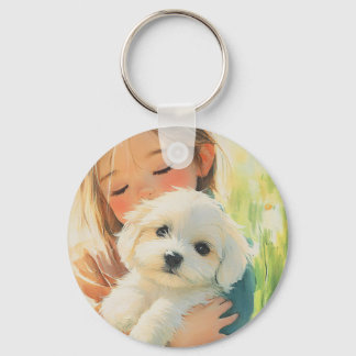 Cute Watercolor Girl  Maltese Puppy Keychain