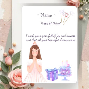 Cute Watercolor Girl Personalized Birthday Card