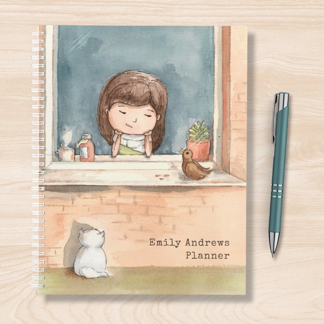Cute Watercolor Girl With Bird Cat Personalised Planner (Creator Uploaded)