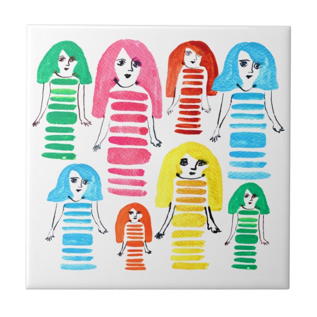 Cute watercolor girls funky modern art ceramic tile (Front)