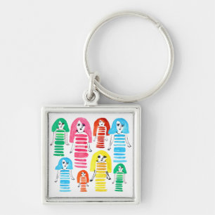 Cute watercolor girls funky modern art key ring