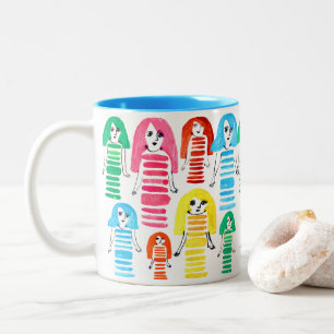Cute watercolor girls funky modern art Two-Tone coffee mug