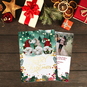 Cute Watercolor Gnomes Gold Foil Christmas Photo Holiday Card