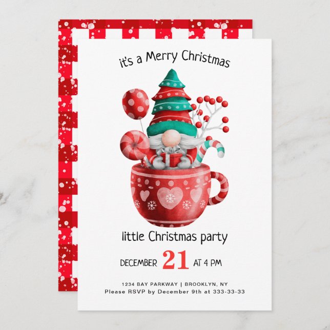 Cute Watercolor  Gnomes Little Christmas Party Inv Invitation (Front/Back)