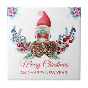 Cute Watercolor Gnomes  & Poinsettia  Ceramic Tile