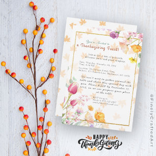Cute Watercolor Gold Floral Thanksgiving Holiday Invitation