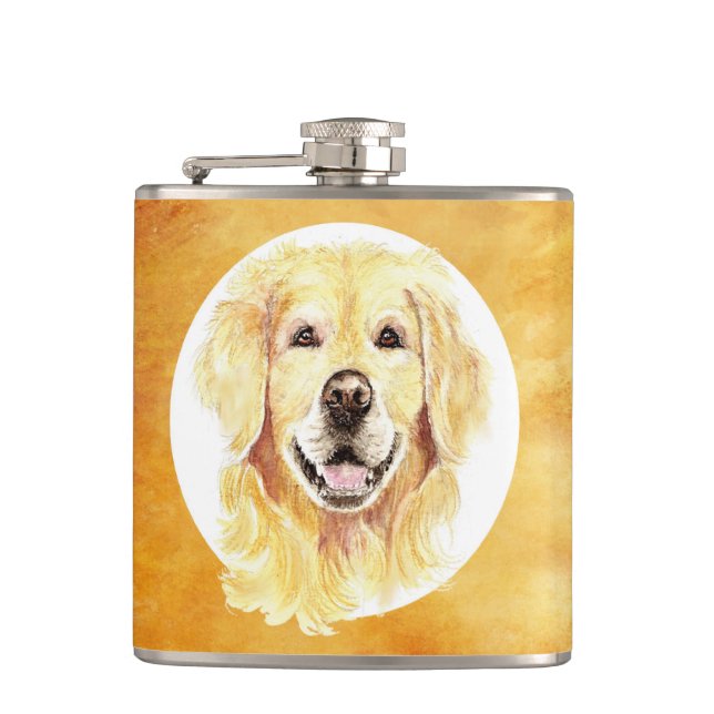 Cute Watercolor Golden Retriever Dog Pet Animal Hip Flask (Front)
