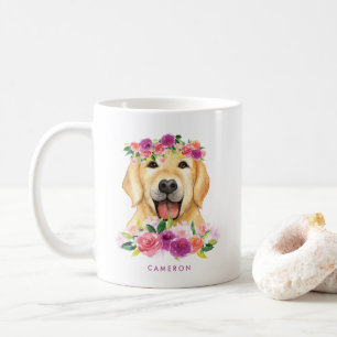 Cute Watercolor Golden Retriever Purple Floral Coffee Mug