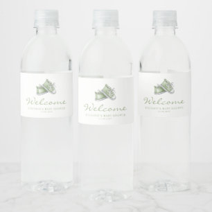 Cute Watercolor Green Baby Shoes Baby Shower Water Bottle Label