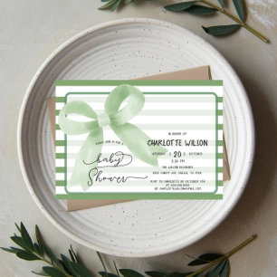 Cute Watercolor Green Bow Baby Shower Invitation