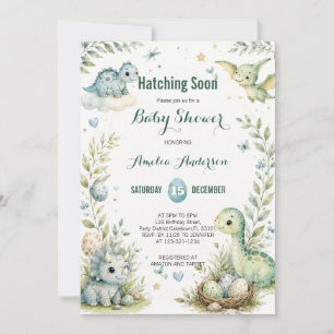 Cute Watercolor Green Dinosaur Baby Shower Invitation