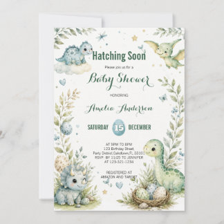 Cute Watercolor Green Dinosaur Baby Shower Invitation