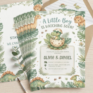 Cute Watercolor Green Dinosaur Hatching Soon Boy Invitation