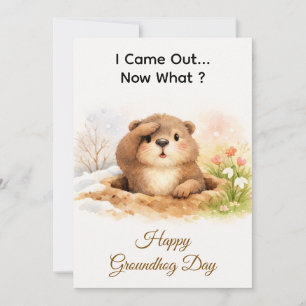 Cute Watercolor Groundhog Popping Out Of Hole Holiday Card