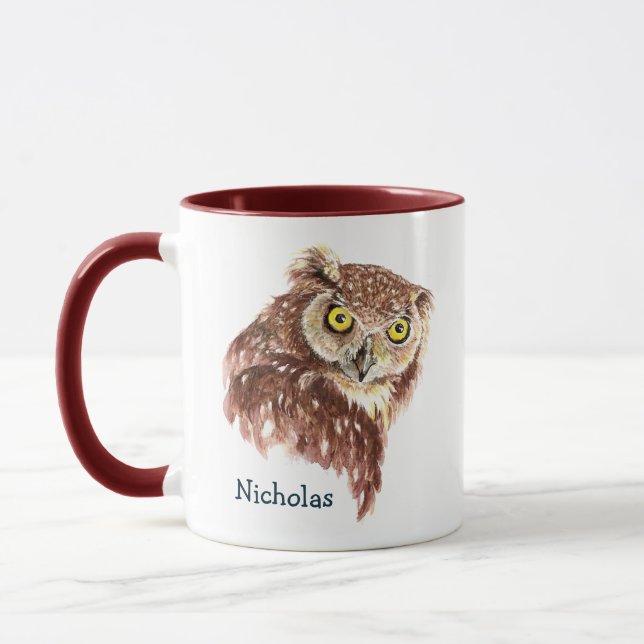 Cute Watercolor Grumpy Night Owl Bird Art Mug (Left)